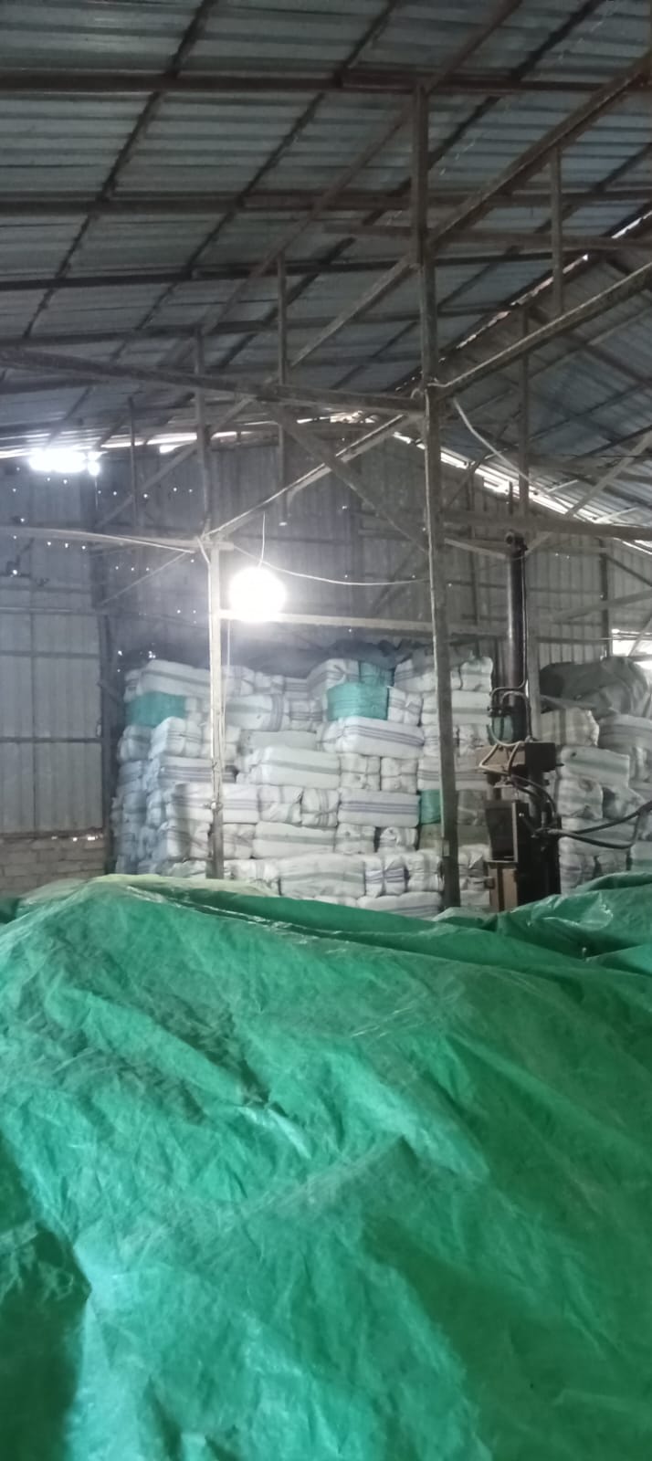 Warehouse stacked with packed seaweed bales
